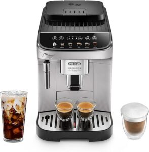 alt="DeLonghi Magnifica Evo automatic espresso machine with built-in grinder and milk frother"